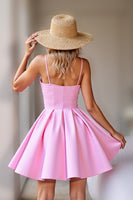 Load image into Gallery viewer, Pink Corset A Line Spaghetti Straps Short Satin Homecoming Dress