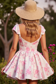 Floral White Corset Short Homecoming Dress with Cap Sleeves