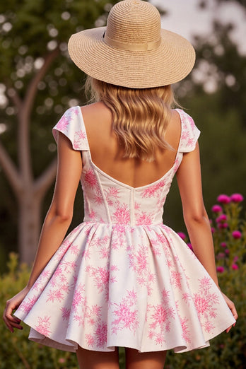 Floral White Corset Short Homecoming Dress with Cap Sleeves
