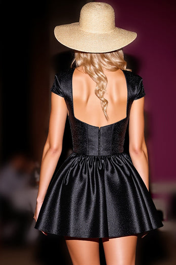 Black Corset Satin Short Homecoming Dress with Cap Sleeves