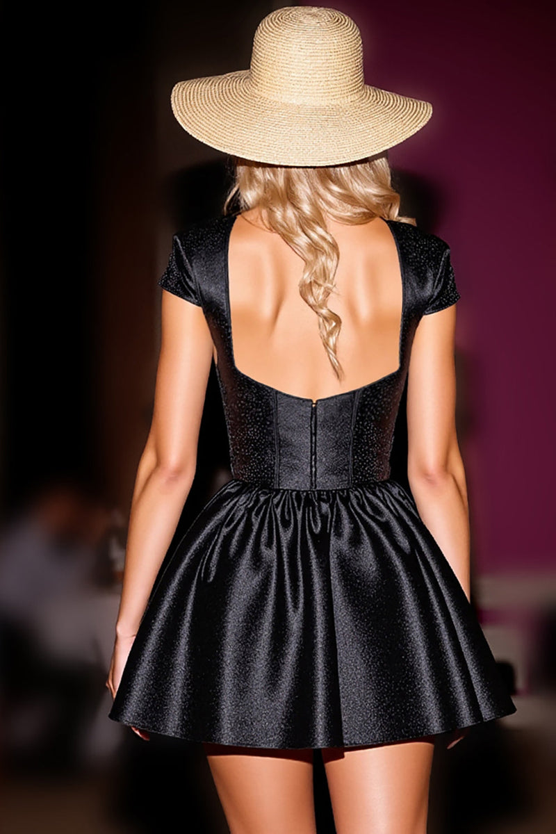 Load image into Gallery viewer, Black Corset Satin Short Homecoming Dress with Cap Sleeves