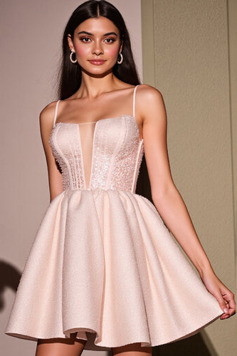 Sparkly Blush Corset A Line Satin Short Homecoming Dress with Beading