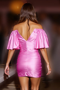 Fuchsia Bodycon Corset Satin Short Homecoming Dress with Ruffles