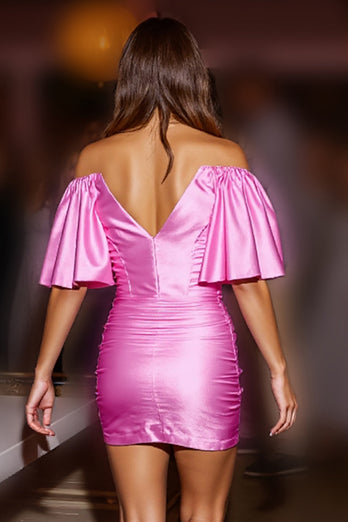 Fuchsia Bodycon Corset Satin Short Homecoming Dress with Ruffles