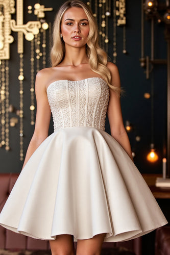 Ivory Satin A Line Short Corset Homecoming Dress with Appliques