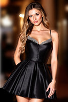 Load image into Gallery viewer, Sparkly Black Satin A Line Short Corset Homecoming Dress with Beading