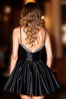 Load image into Gallery viewer, Sparkly Black Satin A Line Short Corset Homecoming Dress with Beading
