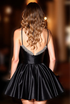 Sparkly Black Satin A Line Short Corset Homecoming Dress with Beading