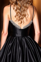 Load image into Gallery viewer, Sparkly Black Satin A Line Short Corset Homecoming Dress with Beading