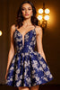 Load image into Gallery viewer, Navy Satin A Line Floral Short Homecoming Dress