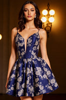 Load image into Gallery viewer, Navy Satin A Line Floral Short Homecoming Dress