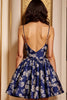 Load image into Gallery viewer, Navy Satin A Line Floral Short Homecoming Dress