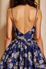 Load image into Gallery viewer, Navy Satin A Line Floral Short Homecoming Dress