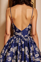 Load image into Gallery viewer, Navy Satin A Line Floral Short Homecoming Dress