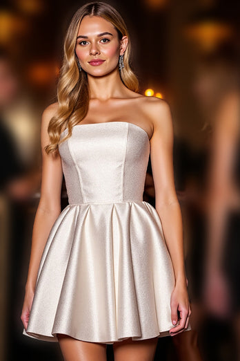 Ivory Satin Corset Strapless A Line Short Homecoming Dress