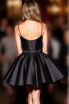 Black Corset Spaghetti Straps A Line Short Satin Homecoming Dress
