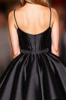Load image into Gallery viewer, Black Corset Spaghetti Straps A Line Short Satin Homecoming Dress