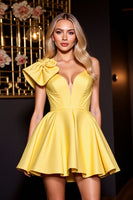 Load image into Gallery viewer, Yellow Satin A Line Short Homecoming Dress with Ruffles