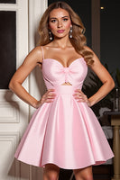 Load image into Gallery viewer, Pink Cut Out A Line Spaghetti Straps Short Satin Homecoming Dress