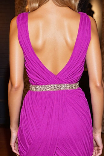 Sparkly Ruched Fuchsia Tight Beaded Short Homecoming Dress