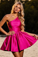 Load image into Gallery viewer, Fuchsia A Line One Shoulder Satin Short Homecoming Dress