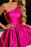 Load image into Gallery viewer, Fuchsia A Line One Shoulder Satin Short Homecoming Dress