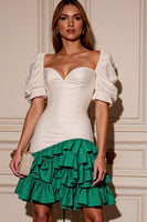 Load image into Gallery viewer, White and Green Bodycon Satin Short Homecoming Dress with Ruffles