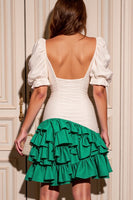 Load image into Gallery viewer, White and Green Bodycon Satin Short Homecoming Dress with Ruffles