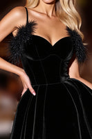 Load image into Gallery viewer, Black A Line Spaghetti Straps Velvet Short Homecoming Dress with Feather