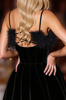 Load image into Gallery viewer, Black A Line Spaghetti Straps Velvet Short Homecoming Dress with Feather