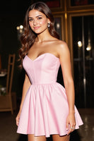 Load image into Gallery viewer, Pink Satin A Line Corset Strapless Short Homecoming Dress