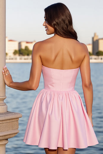 Pink Satin A Line Corset Strapless Short Homecoming Dress