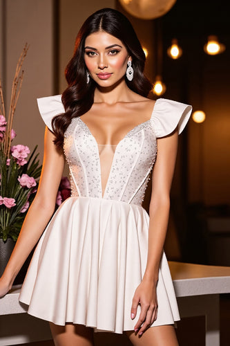 Sparkly Ivory Corset Satin A Line Short Homecoming Dress with Beading