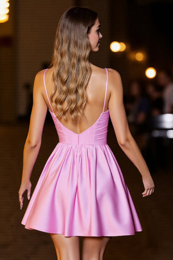 Pink Short Corset Satin Spaghetti Straps A Line Homecoming Dress
