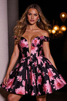 Load image into Gallery viewer, Black and Pink Floral A Line Short Satin Homecoming Dress