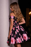 Load image into Gallery viewer, Black and Pink Floral A Line Short Satin Homecoming Dress