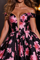 Load image into Gallery viewer, Black and Pink Floral A Line Short Satin Homecoming Dress