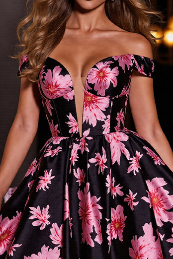 Black and Pink Floral A Line Short Satin Homecoming Dress