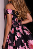 Load image into Gallery viewer, Black and Pink Floral A Line Short Satin Homecoming Dress