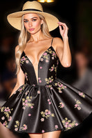 Load image into Gallery viewer, Black Satin Floral A Line Short Corset Homecoming Dress