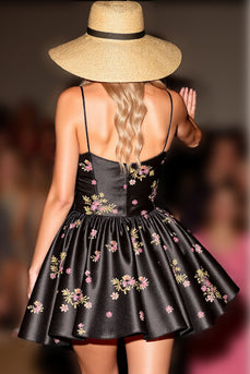 Black Satin Floral A Line Short Corset Homecoming Dress