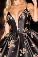 Load image into Gallery viewer, Black Satin Floral A Line Short Corset Homecoming Dress