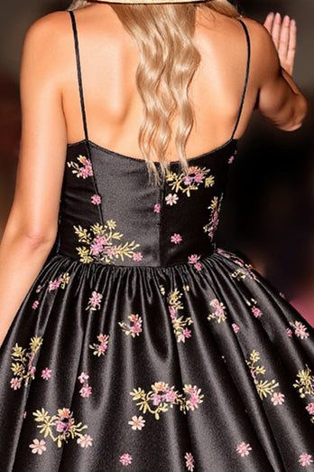 Black Satin Floral A Line Short Corset Homecoming Dress