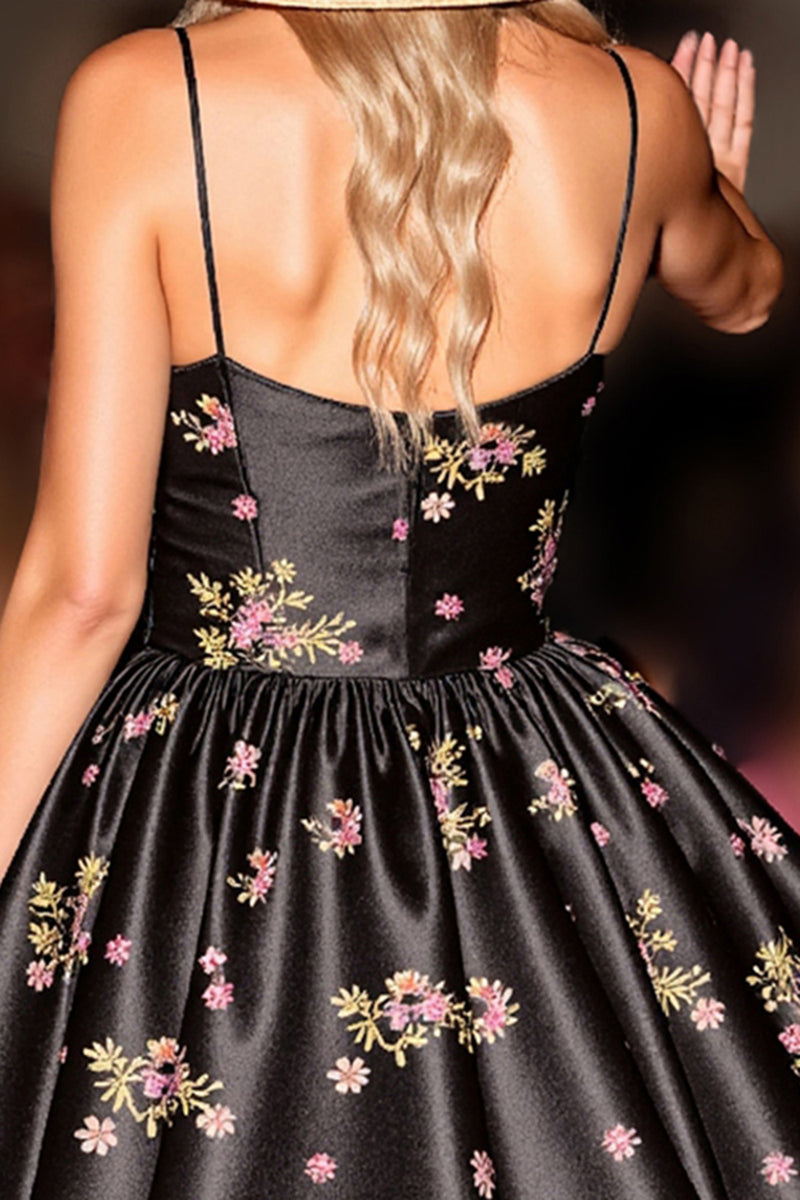 Load image into Gallery viewer, Black Satin Floral A Line Short Corset Homecoming Dress