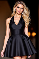 Load image into Gallery viewer, Black Satin A Line Halter Short Homecoming Dress