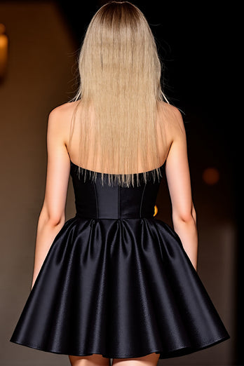 Black Satin A Line Halter Short Homecoming Dress