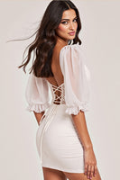 Load image into Gallery viewer, White Bodycon Ruffled Tie Front Short Homecoming Dress with Lace