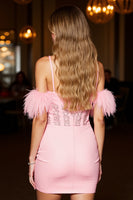 Load image into Gallery viewer, Pink Corset Bodycon Short Homecoming Dress with Feathers
