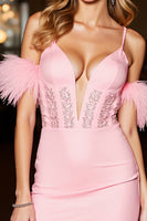 Load image into Gallery viewer, Pink Corset Bodycon Short Homecoming Dress with Feathers