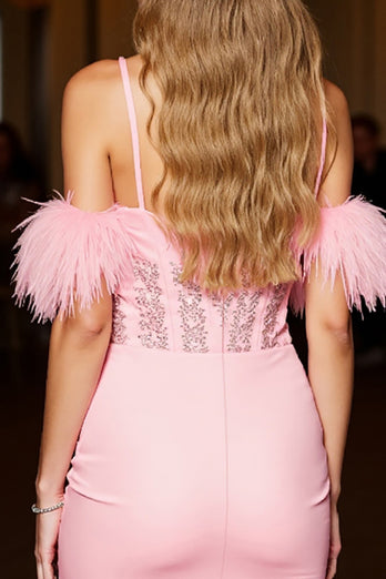 Pink Corset Bodycon Short Homecoming Dress with Feathers